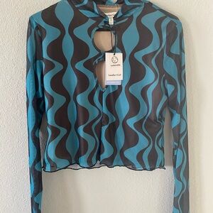 NWT ANOTHER GIRL Pacsun Wavy Print‎ Cutout Long Sleeve Top Black/Blue Size Large